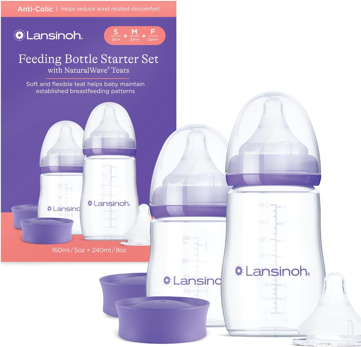 Lansinoh Baby Bottle Starter Set with Anti Colic Teat - 2 Feeding Bottles (160 ml & 240 ml) + 3 Naturalwave Silicone teats (Slow, Medium & Fast Flow) BPA & BPS-Free Reduces Nipple Confusion