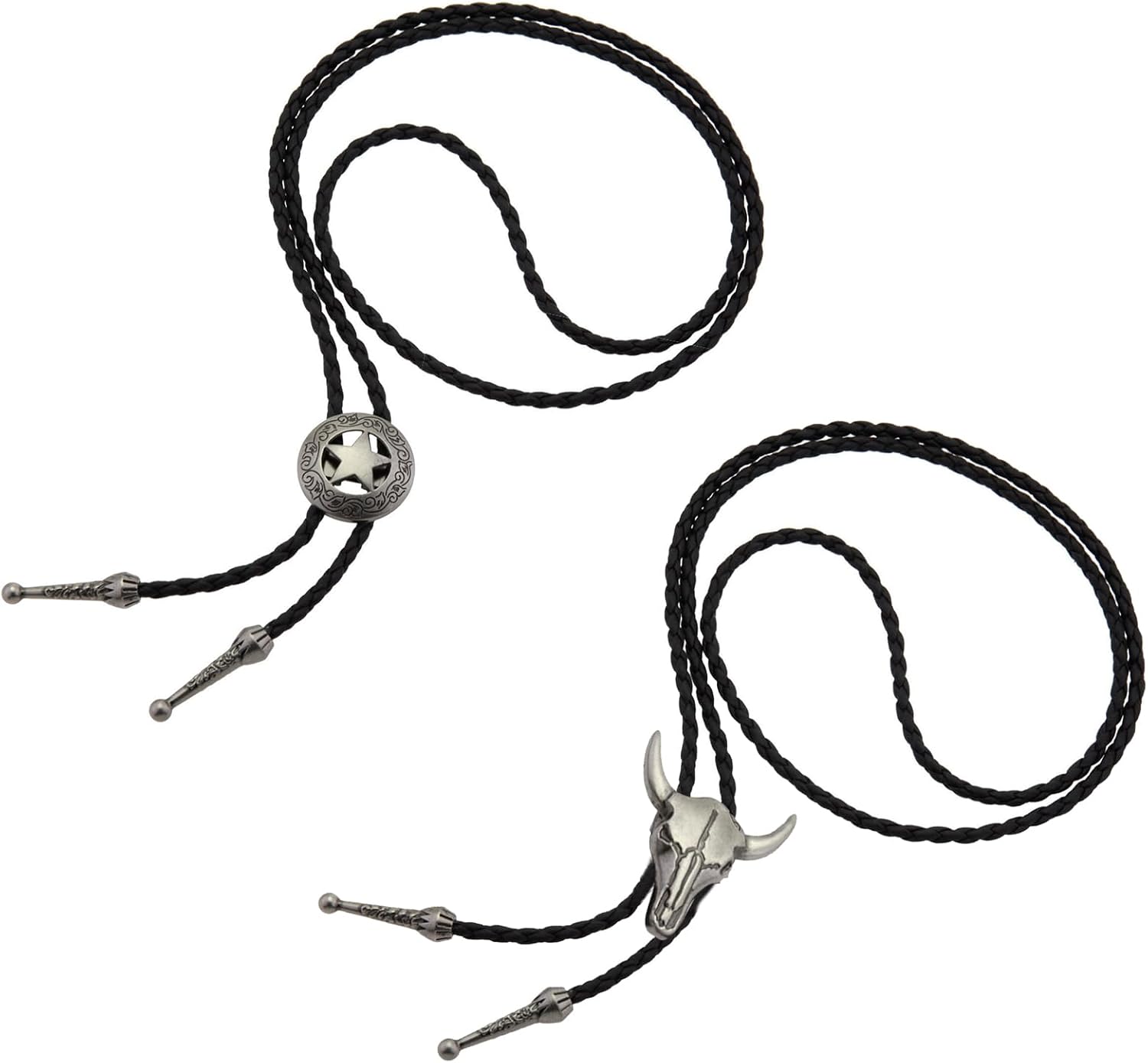 HLMYER 2 Pcs Cowboy Necklace,Bolo Tie for Men Leather Adjustable Vintage,Cowboys Accessories Unisex Wild West Theme,Cow Boys Girls Skull Star Chain Western Tie Necklaces for Men Women