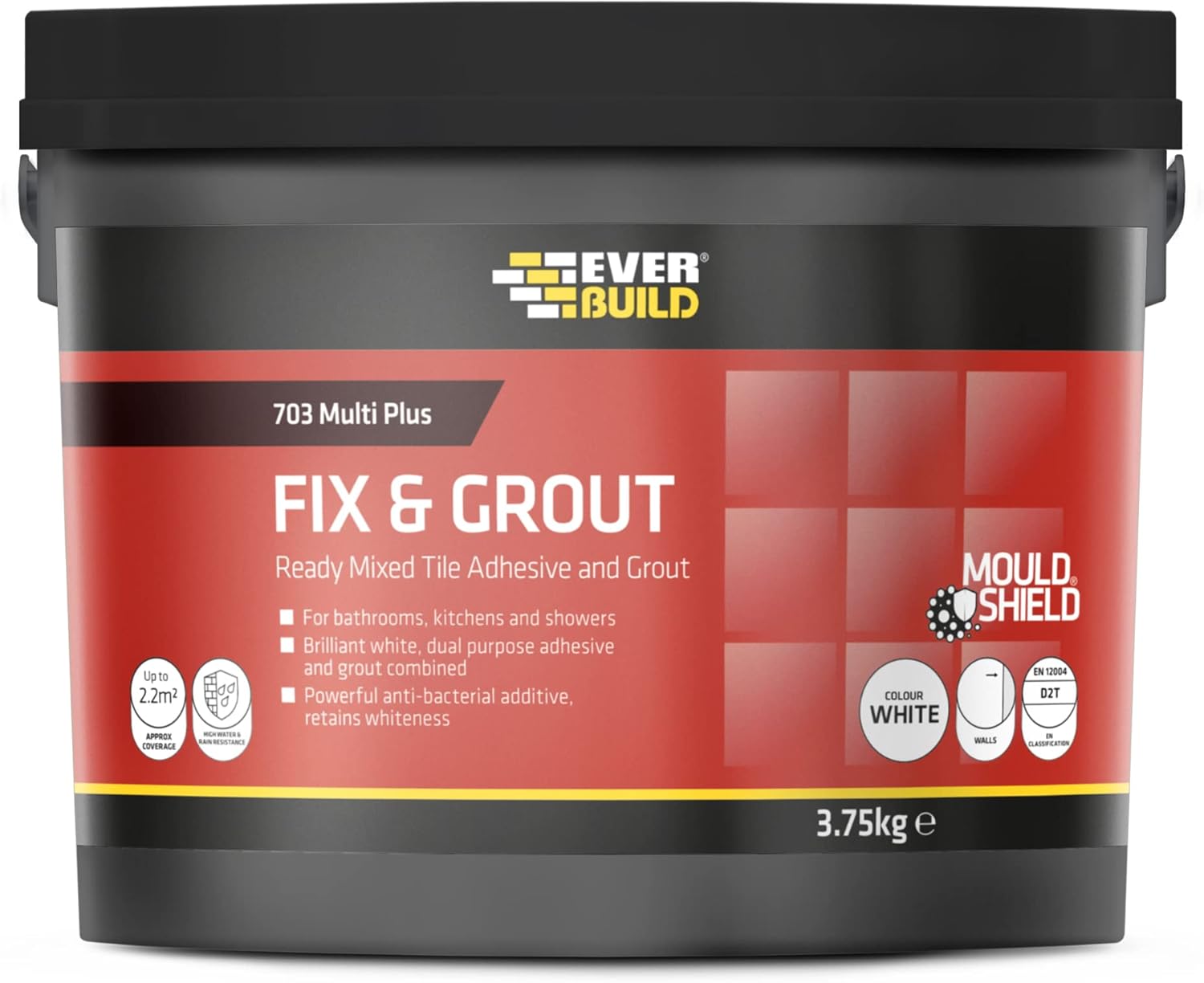 Everbuild 703 Fix And Grout Tile Adhesive – Ready Mixed – Anti-Mould – Water Resistant – High Strength – Brilliant White – 3.75kg