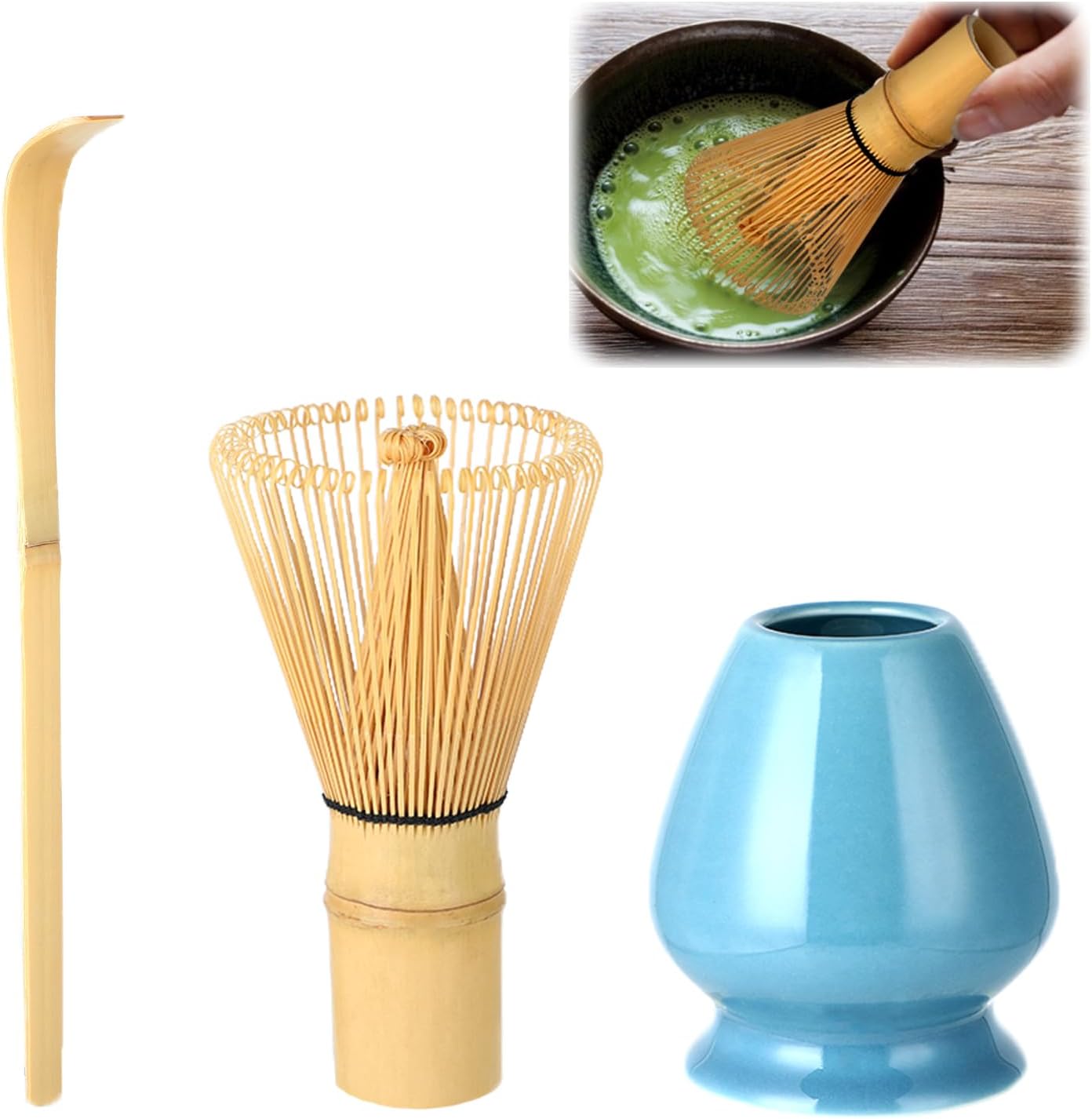 Wenrescry Matcha Ceremony Accessory Set, Japanese Handmade Matcha Whisk, Bamboo Whisk Holder, Traditional Tea Spoon, 100 Prongs, Green Tea Powder Whisk - 3 Piece Set