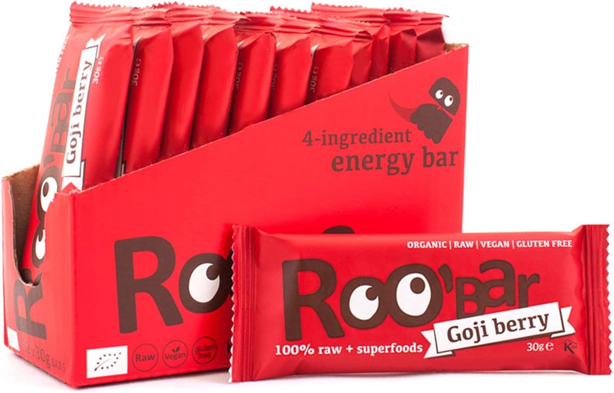 Roobar Goji Berry Raw Bar - Dairy & Gluten Free. 100% Organic, Vegan with Superfoods. No Added Refined Sugar - 12 x 30g