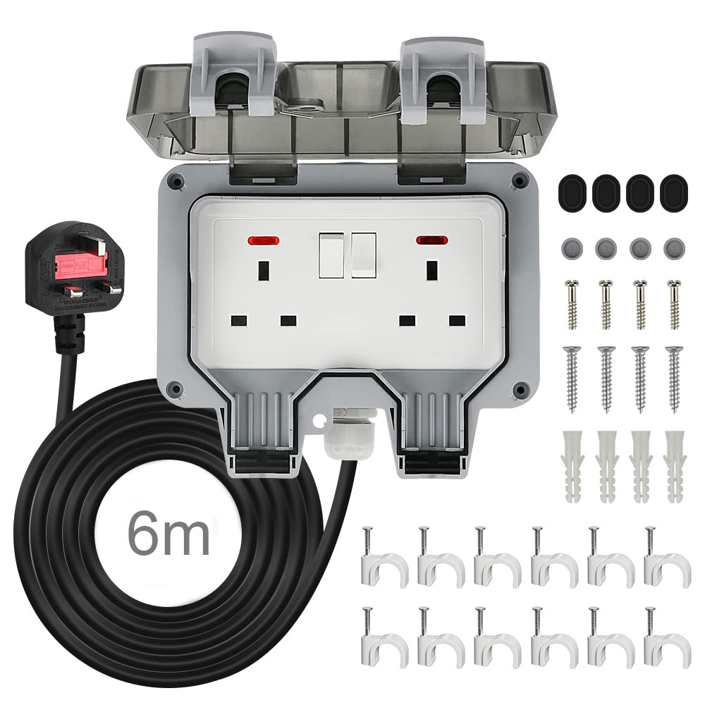 Anesty Outdoor Socket with 6m Extension Lead, Outdoor Double Plug Sockets Waterproof IP66, Weatherproof Outdoor Plug Sockets, Exterior Wall Garden 2 Gang Storm Switched Socket Outside Power Socket