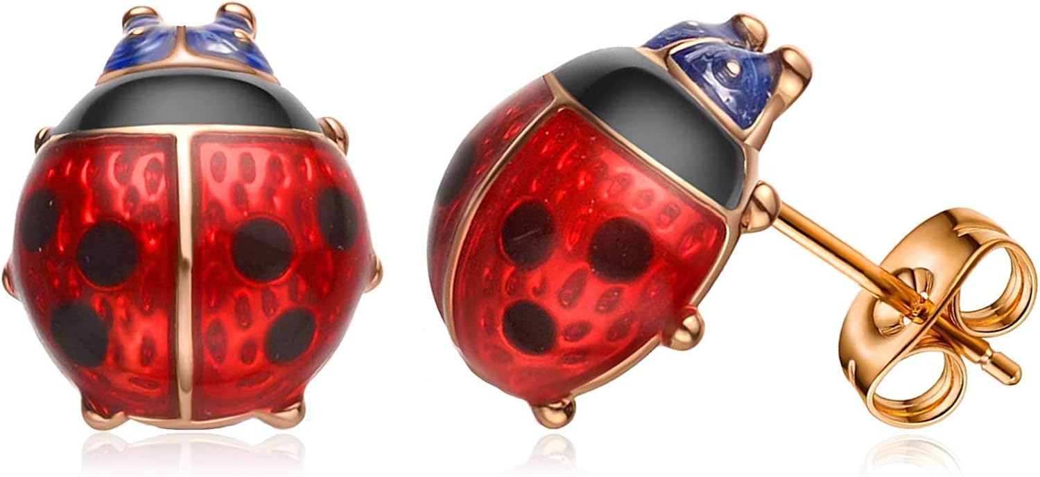 Petite Red Ladybug Black Spots Costume 925 Sterling Silver Rose Gold Beetle Stud Earrings Ladybird Jewelry Halloween Party Accessories for Women