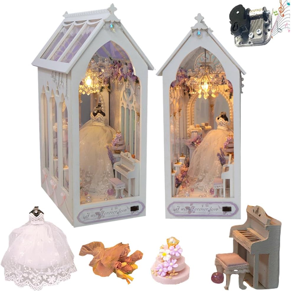 TOPBSFARNY DIY Doll House with Musical Movement, Wedding Theme Book Nook Kit, Illusion Mirror Design, Booknook Bookshelf Desktop Decor Model Build for Adult Wedding Gift