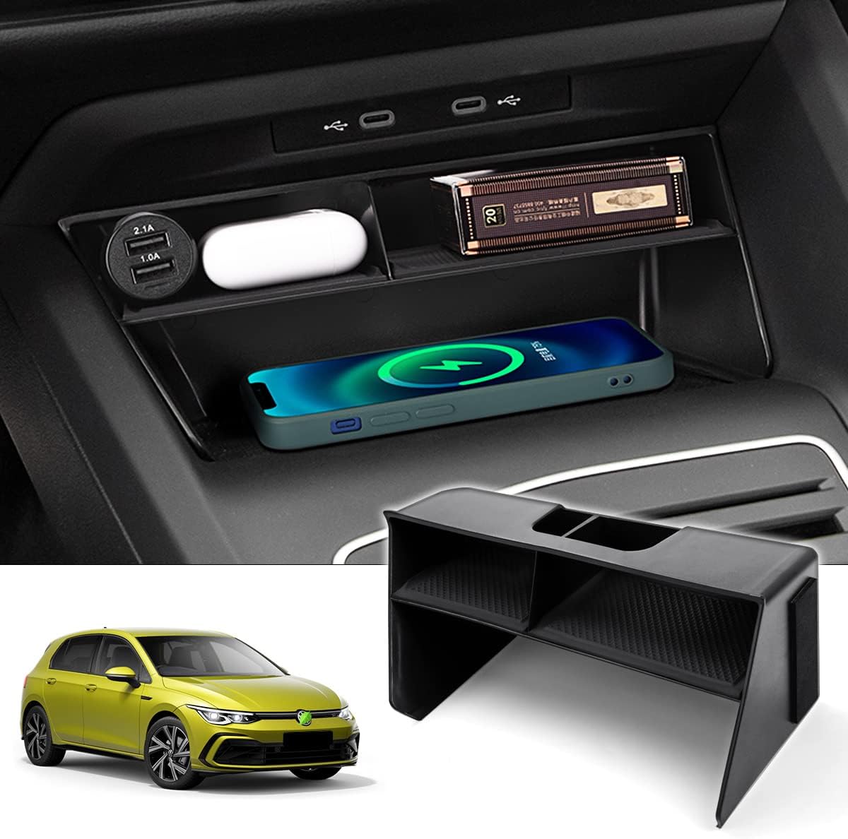 Karltys Center Console Organizer for VW Volkswagen Golf GTI R MK8 2022-2026 Accessories Center Console Insert Tray Secondary Storage Box with Non-Slip Silicone Mat