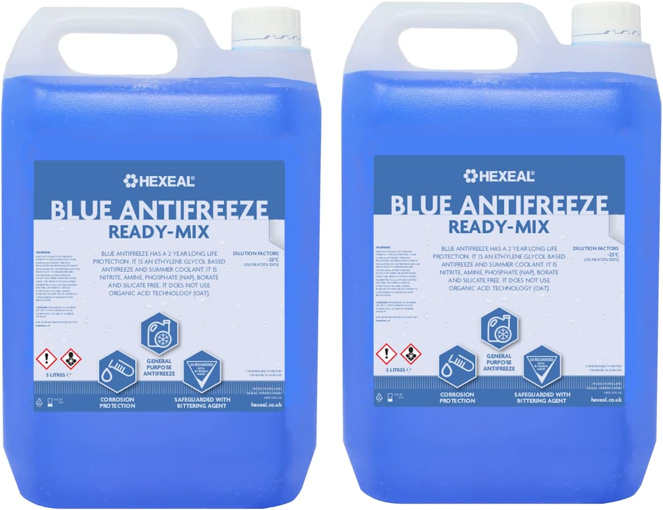 Hexeal Blue Antifreeze 10L – 2 x 5L of Ready Mix Long Life Engine Coolant & Antifreeze for Cars & Vans – Summer & Winter – All Year Freeze Protection to -23 Degrees Celsius