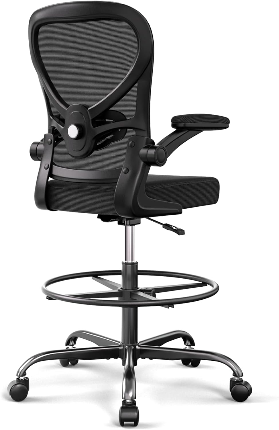 Alolo Drafting Chair,Big and Tall Office Chair with Footrest Ring,Ergonomic Chair for Counter Height and Standing Desk Comfy with Lumbar Support and Flip-up Armrests in Heavy Rolling Base,Black