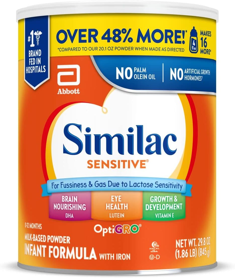 Similac Sensitive Infant Formula, for Fussiness & Gas Due to Lactose Sensitivity, Baby Formula Powder, 29.8-oz Can