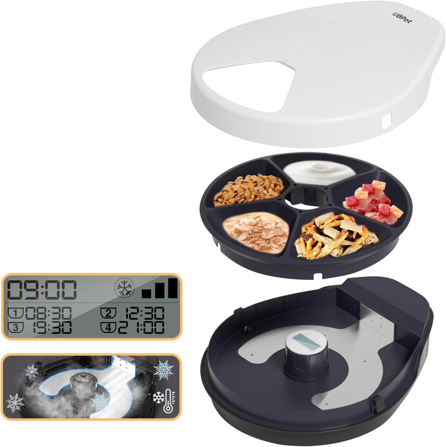 UBPET Cat Wet Food Automatic Feeder with Cooling, Semiconductor Refrigeration, with Timer, 5 Food Compartments for 330g Pet Food Each, Premium Meal Plates, Washable, for Cats