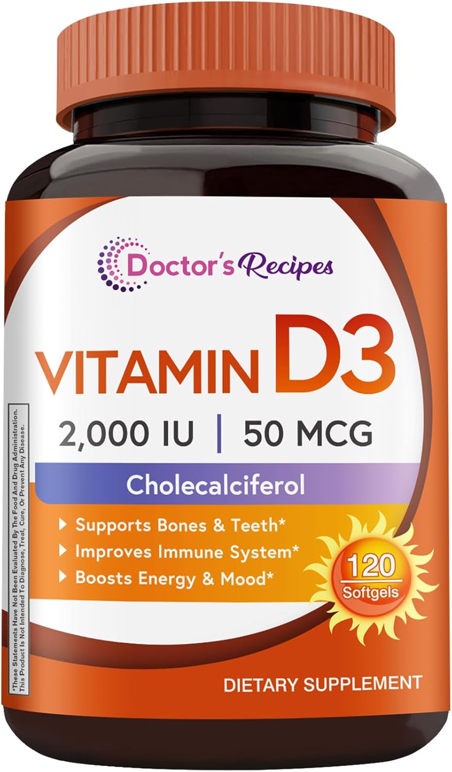 Doctor's Recipes Vitamin D3 2000 IU, Cholecalciferol, 120 Softgels, Non-GMO, Bones, Calcium Absorption, Immune Health, Energy & Mood Support