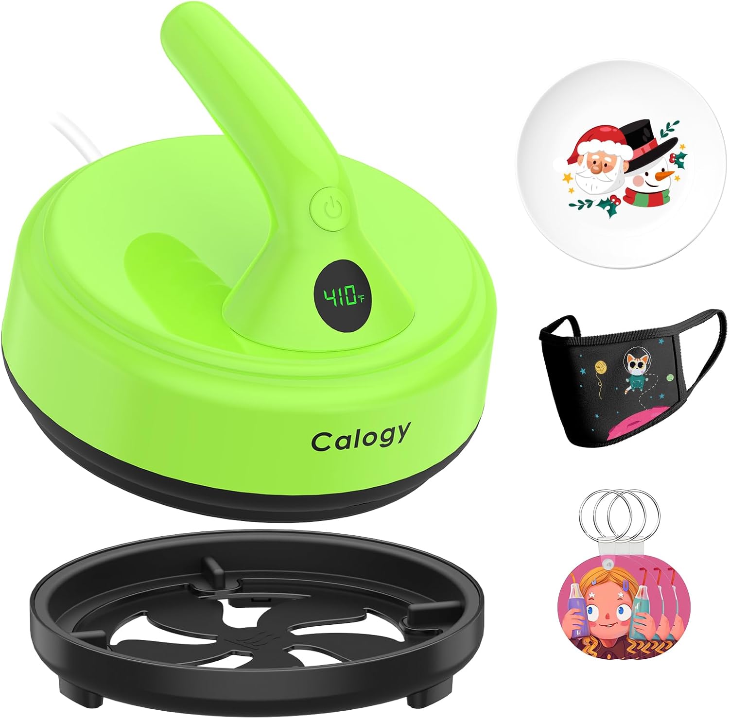 Calogy Mini Heat Press, 5" Diameter Round Heat Press Machine for T-Shirt Portable, 4 Levels Temp Max 410℉, Small Iron for Crafts, Coaster, Bag, Pillow, Ceramic, Sublimation Ink Vinyl Transfer (Green)