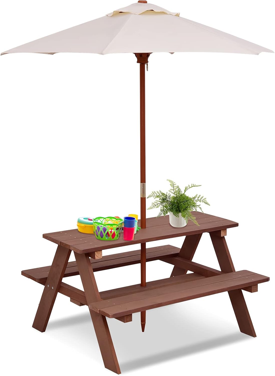 HONEY JOY Kids Picnic Table, Outdoor Wooden Bench Set w/Removable Umbrella, Children Backyard Furniture for Patio Garden, Toddler Picnic Table for Outdoors, Gift for Boys Girls, Walnut