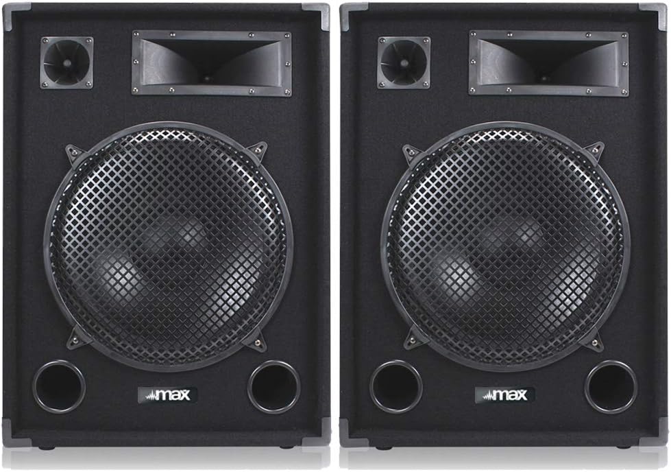 MAX15 15 inch Passive DJ PA Speaker Pair, 2000W Total Power, Professional 3-Way System with 15" Woofers, Bullet Tweeters, Midrange Horn, Acoustic Carpet, Portable Handles, Pole Mount