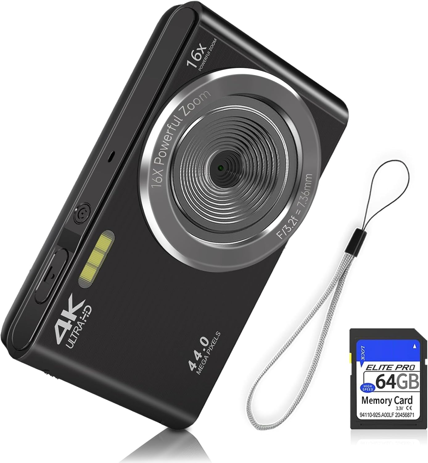Digital Camera, FHD 1080P 44MP Digital Camera for Kids Video Camera with 64GB SD Card 16X Digital Zoom, Compact Point and Shoot Camera Portable for Kids Boys Girls Teens Students Seniors (Black)