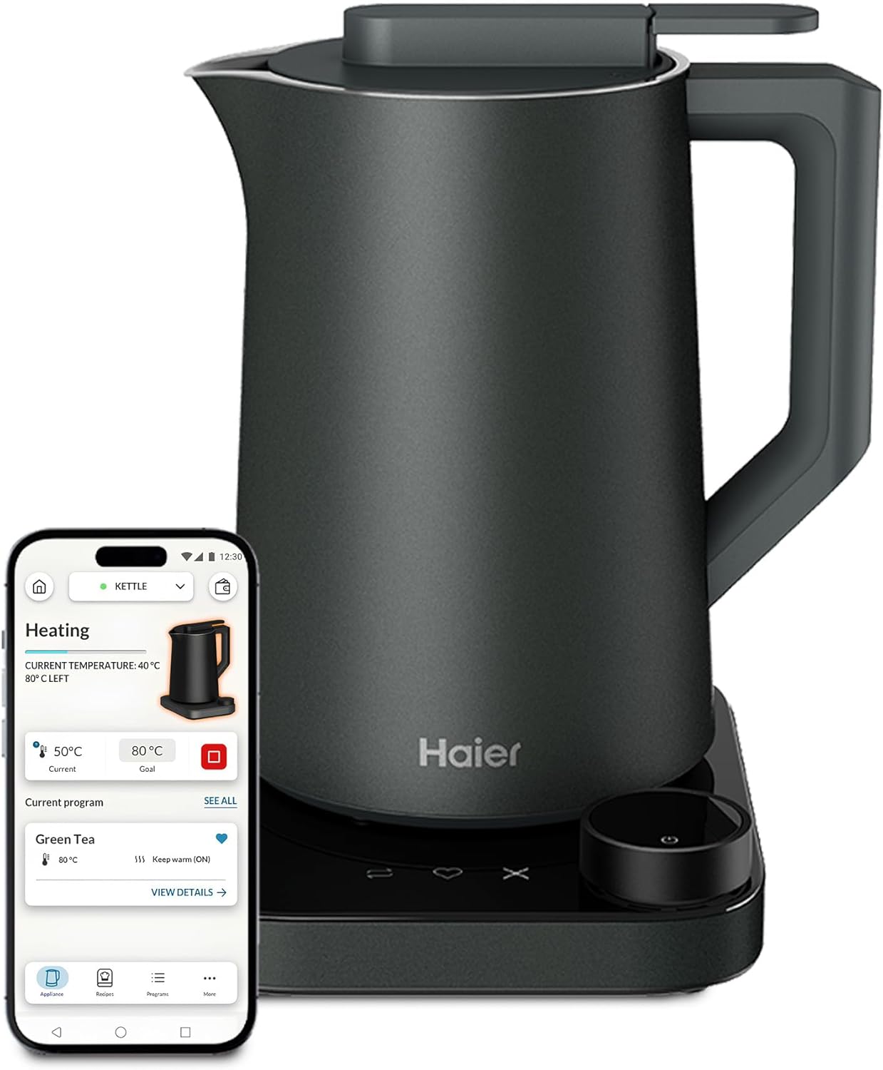 Haier Series 7 Smart Kettle with Temperature Control by 1 degree, LCD Display, 6 Automatic Programs, Keep Warm (up to 12hrs), Stainless Steel, Energy Saving, 1.3L, 3000W [Grey]