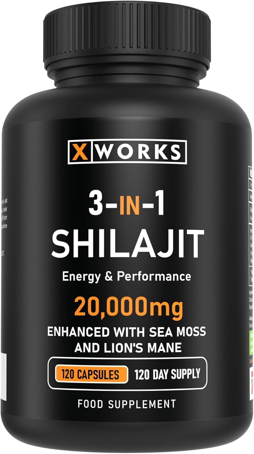 Shilajit Seamoss and Lions Mane Capsules - 20,000mg - 3 in 1 Capsules - High Strength Himilayan Supplement with 60% Fulvic Acid for Both Men and Women - Made in The UK