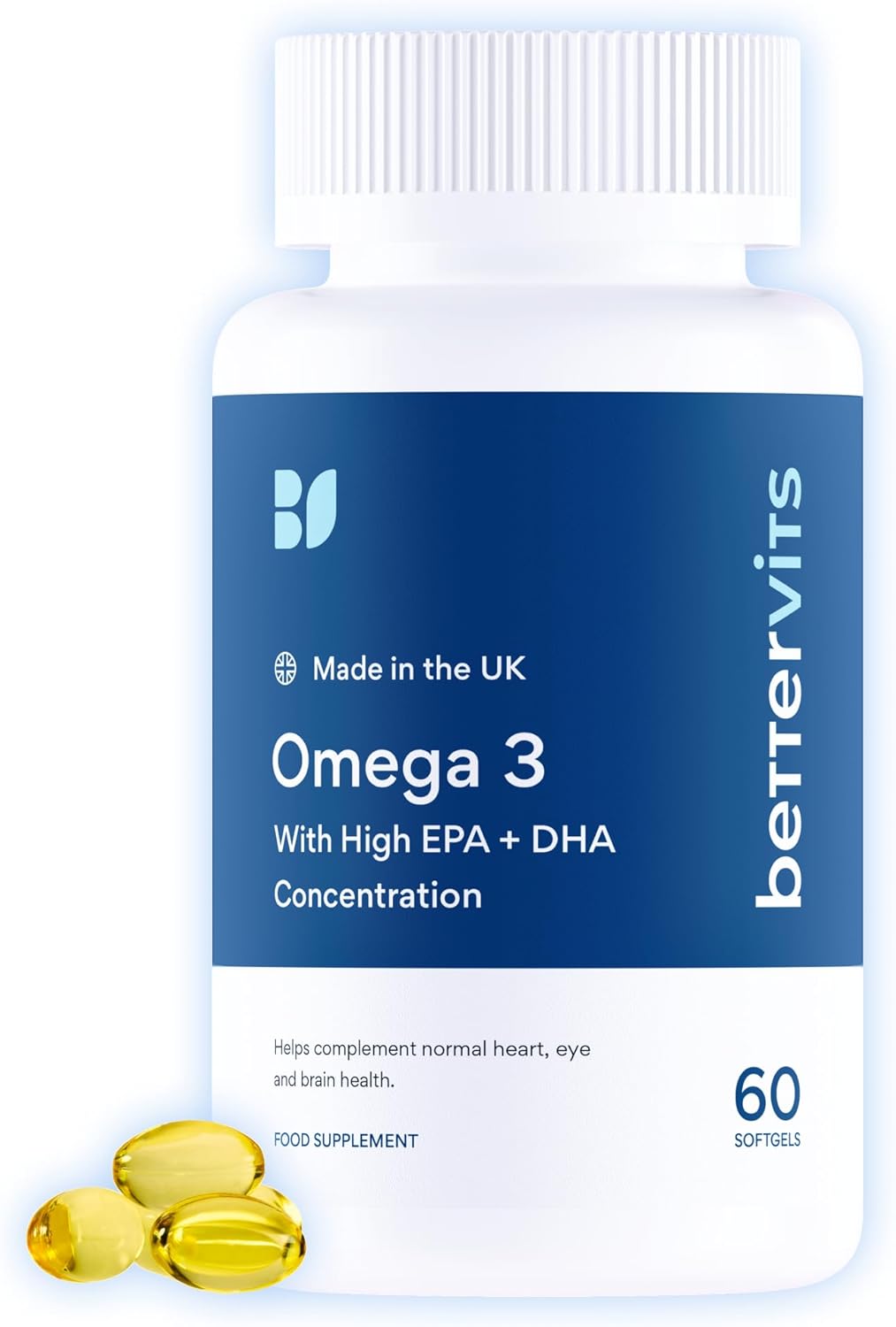 Bettervits Omega 3 Capsules High Strength - 33% EPA & 22% DHA | Omega 3 Fish Oil Nutritional Supplements - Supports Overall Well-Being: Heart, Eye, Skin & Bone Health | 60 Easy-to-Swallow Capsules