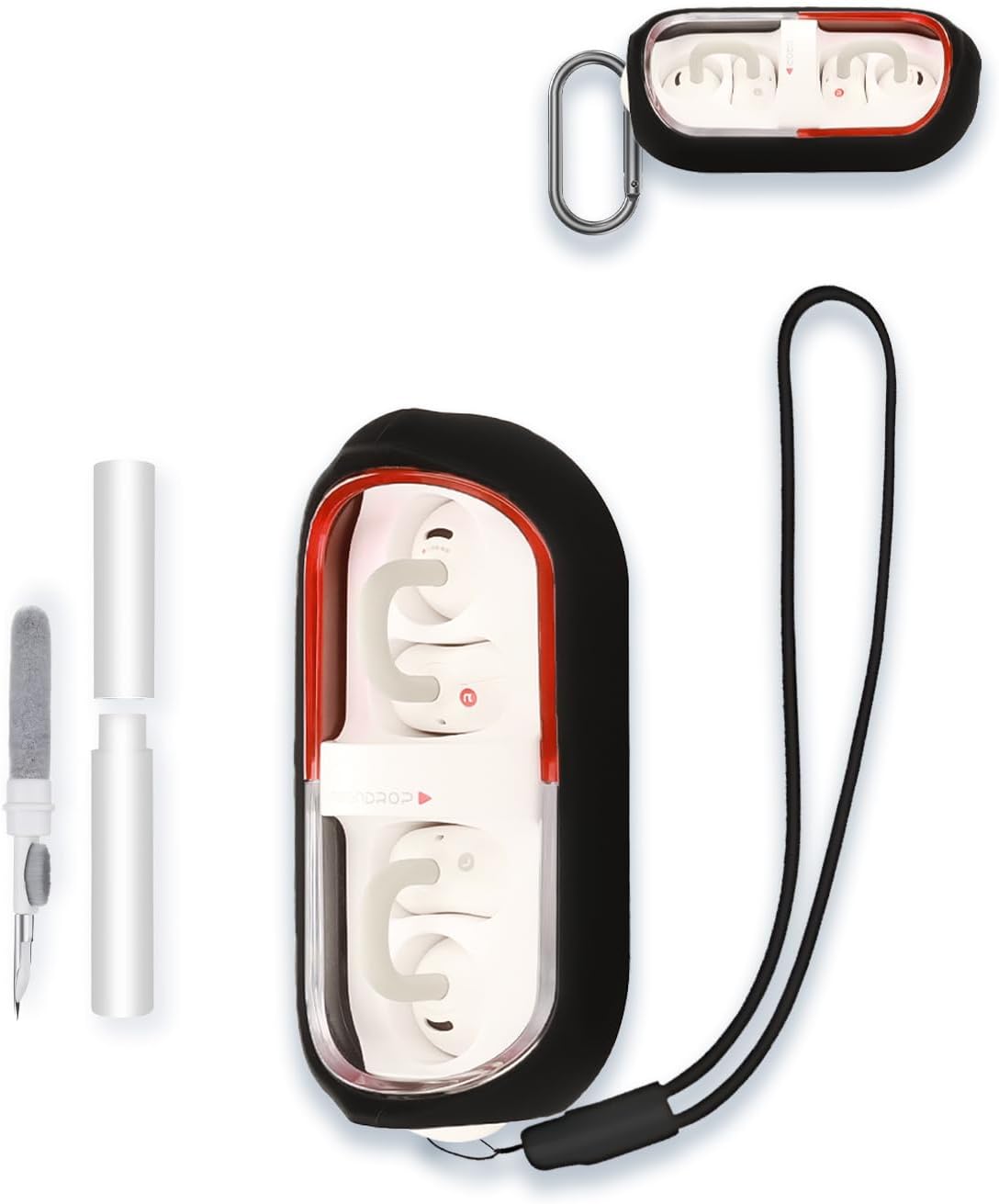 Case for Moondrop Pill True Wireless Noise Cancelling Earphones, WUNIAK Soft Silicone Protective Portable Scratch Shock Resistant Shell with Cleaner Kit & Carabiner & Lanyard ,Black