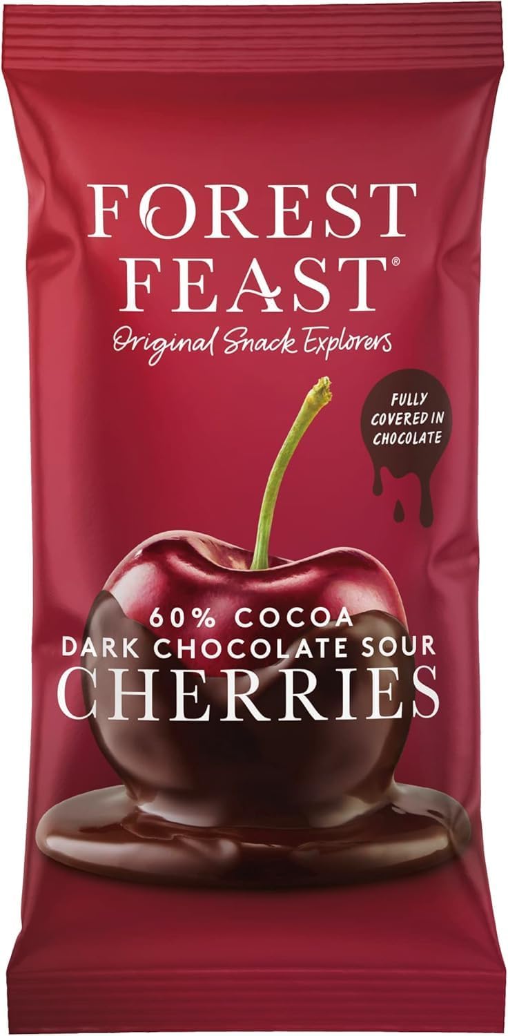 FOREST FEAST 60% Cocoa Dark Chocolate Sour Cherries Pack 12 x 40g - Sweet Dried Cherries Chocolate Covered Fruit Snack with 60% Belgian Dark Chocolate, Gluten Free & Vegan Friendly Snack