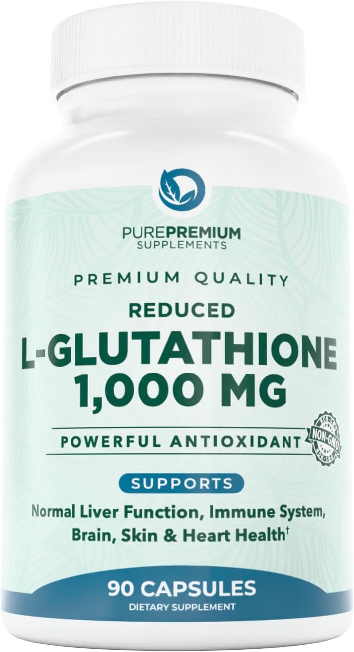 PurePremium Reduced Glutathione 1000mg Per Serving - 500mg Per Capsule – L-Glutathione Supplement & Antioxidant Support for Normal Liver, Brain, Skin & Heart Health – 90 Capsules