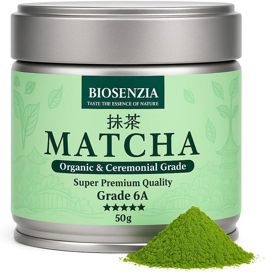 BIOSENZIA - Organic Matcha Powder - Ceremonial Grade 6A 50 g (50 Serving)  & 100% Pure - From Uji, Kyoto, Japan - Premium Macha Tea for Lattes, Baking, Smoothie
