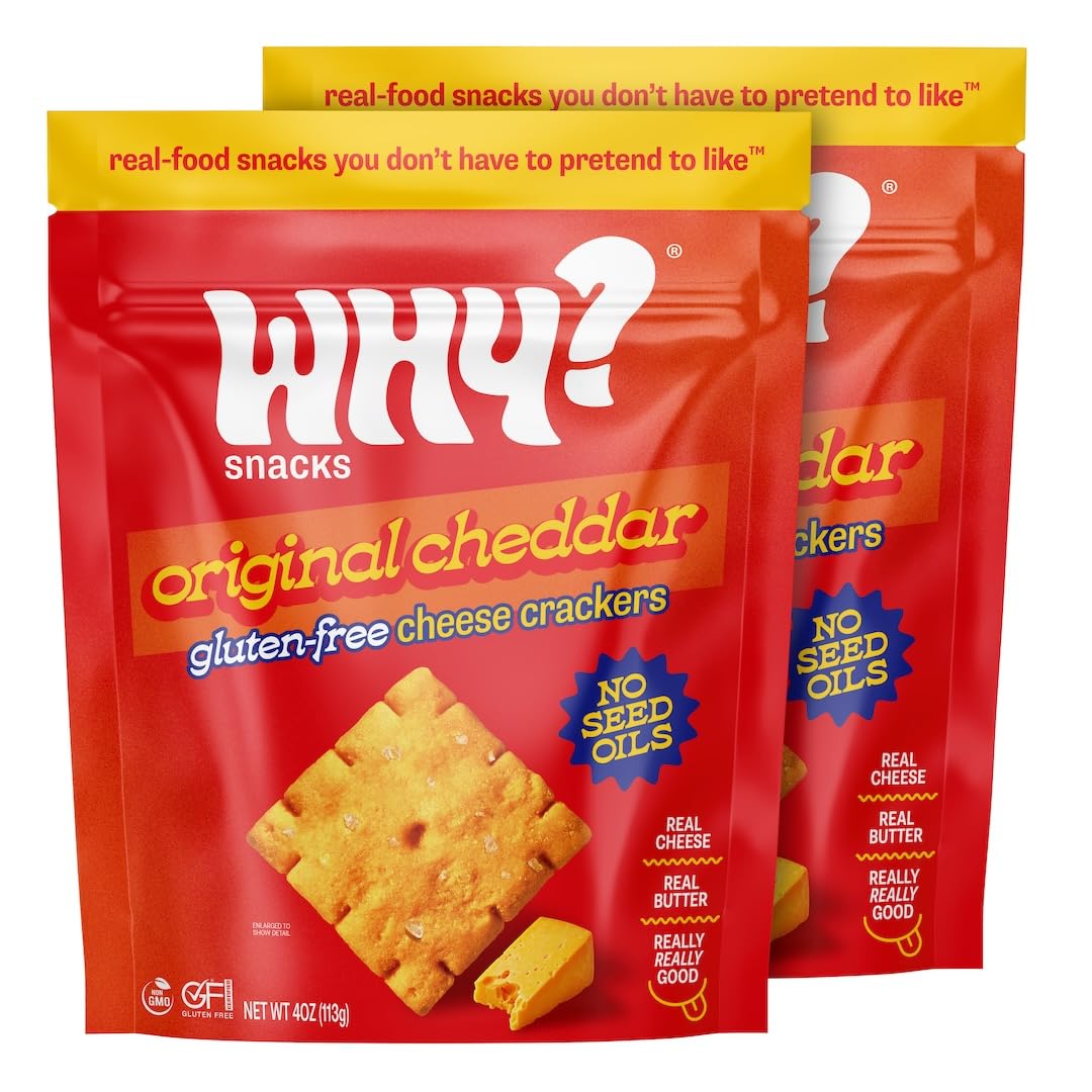 WHY? SNACKS NEW & IMPROVED FORMULA, Gluten-Free Cheddar Crackers, 2 bags, 4.0 Oz Each, Seed Oil Free, Non-GMO, All Natural, Clean Ingredients