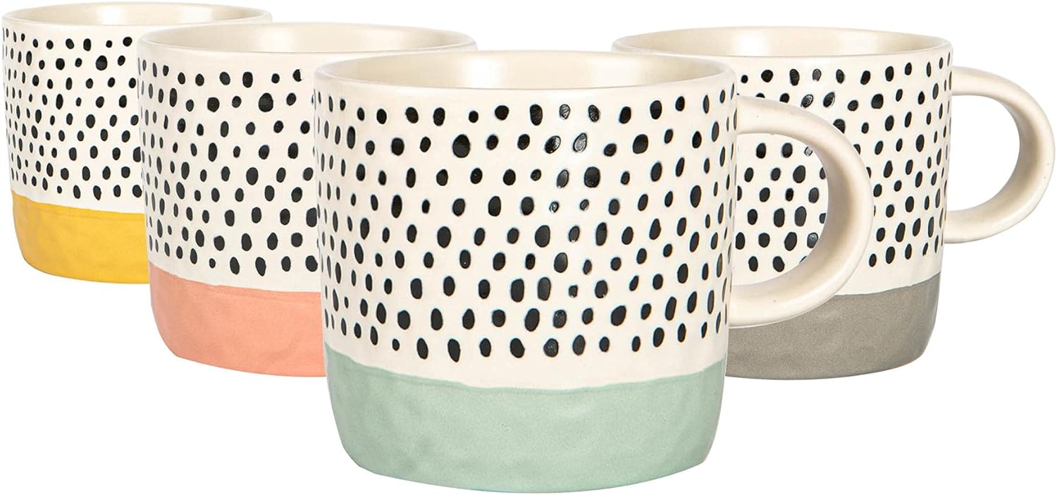 Nicola Spring Ceramic Coffee Mugs Set - 385ml - 4 Colour Dipped Dots Stoneware Coffee Cups Dishwasher & Microwave Safe Large Tea Mugs for Hot Drinks, Hot Chocolate, Tea