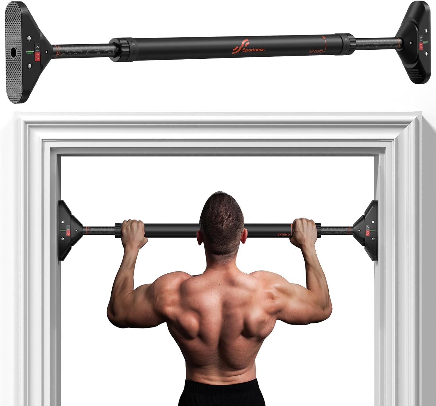 Sportneer Pull Up Bar Doorway Chin Up Bar No Screws Door Frame Chin Up Push Up Sit Up Bar Adjustable 75-94cm (29.5''-37'') Up to 200kg Capacity Workout Bar