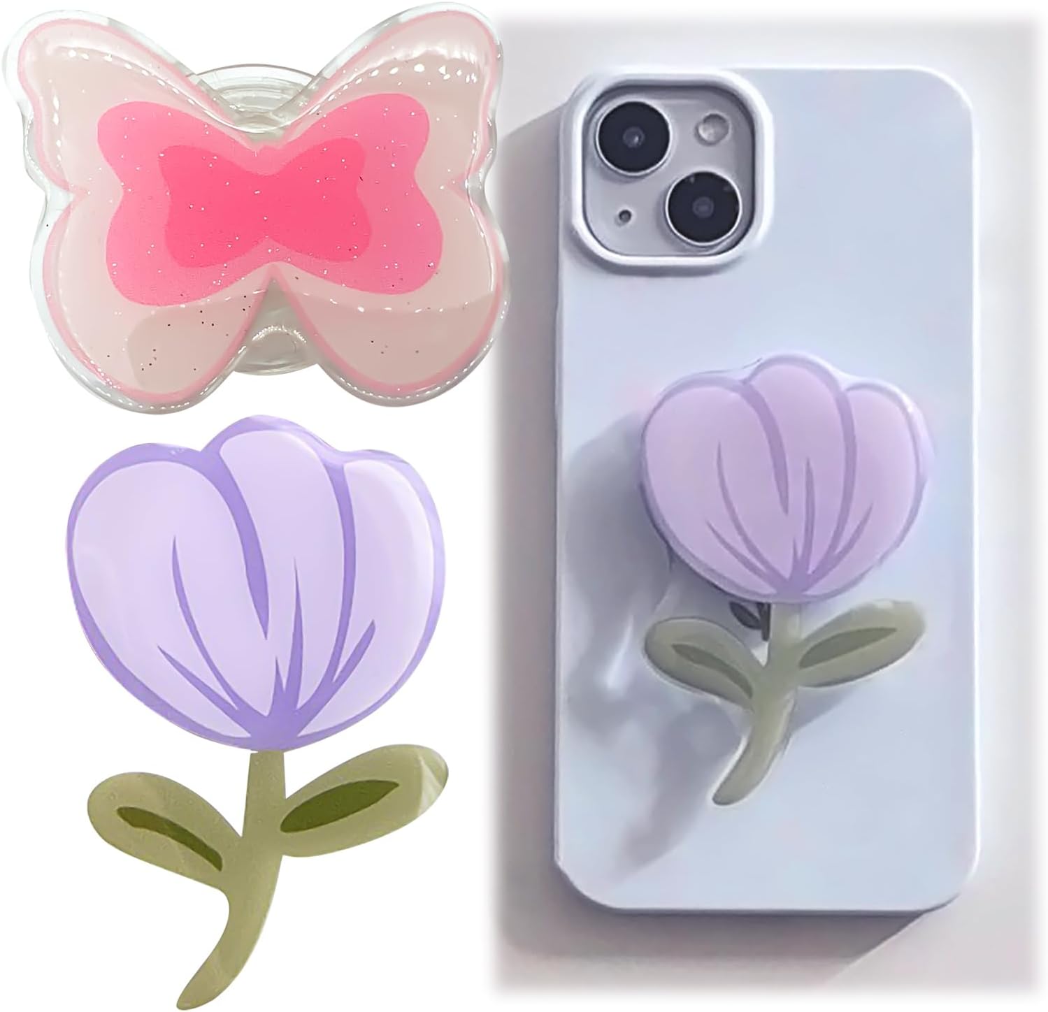 Universal Phone Grip Holder with Stand,2 PCS Set, Finger Grip with Kickstand - Collapsible & Rotatable Mobile Stand, Compatible with Smartphones, Mobiles & Cases, Pink Butterfly & Purple Tulip