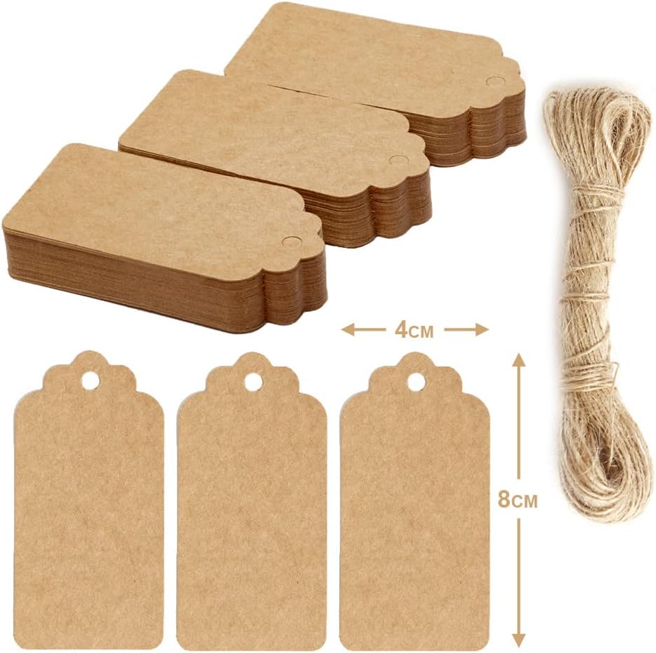 Box.it.pack.it Kraft Paper Gift Tags, Brown, Scallop 8x4 cm, 100 Pack with String