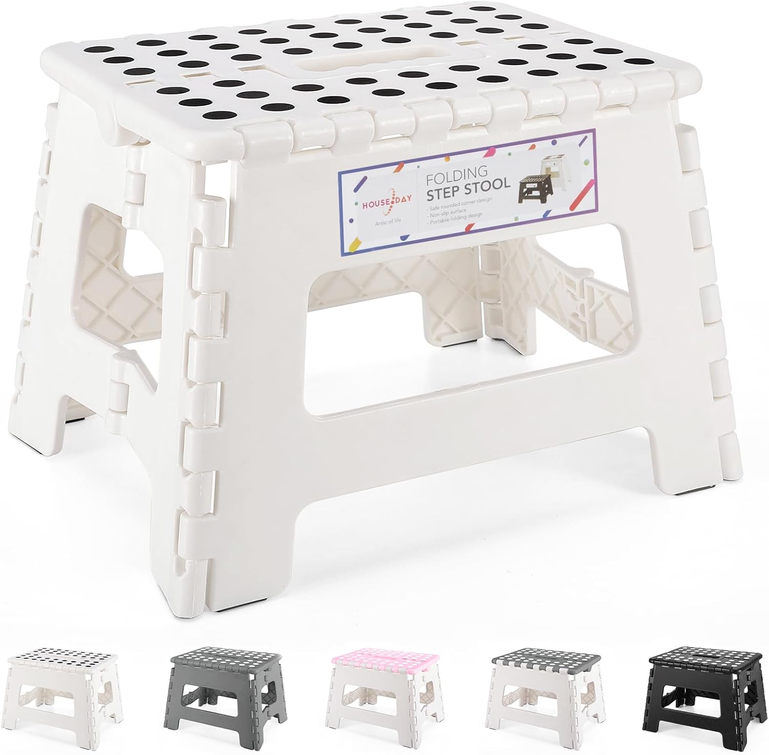 HOUSE DAY Folding Step Stool Lightweight Plastic Step Stool,9 inch Foldable Step Stool for Kids,Non Slip Folding Stools for Kitchen Bathroom Bedroom Plastic Stepping Stool White