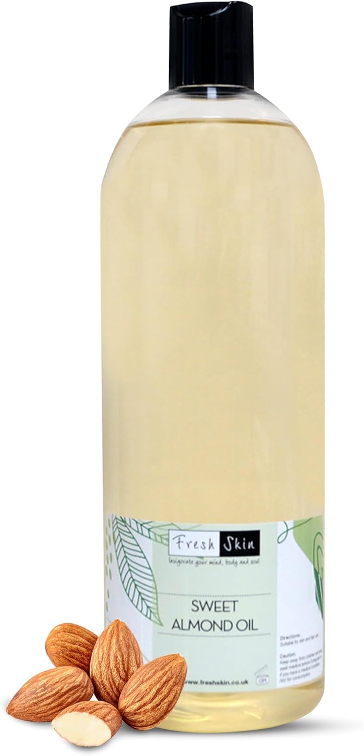 Freshskin Beauty LTD | Sweet Almond Oil 1 Litre - 100% Pure, Natural, Cruelty Free, Vegan, No GMO for Skin, Hair, Massage, Nails, Cuticles, Ears, Face, Body - Aromatherapy (1000ml)