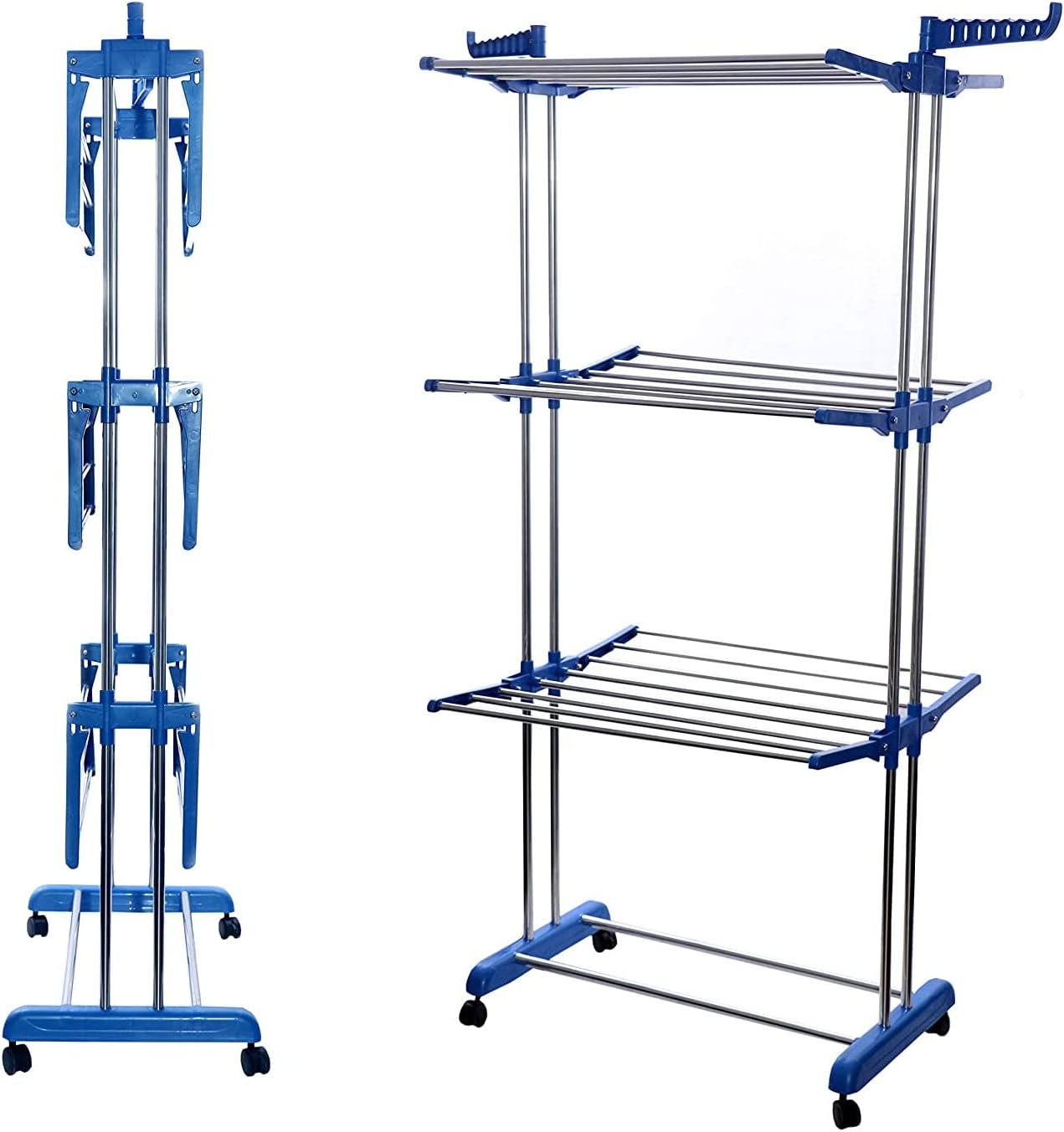 IFJA 4 Tier Airer Clothes Drying Rack | Adjustable Rolling Stainless Steel Laundry Rack Stand with Foldable Wings Casters for Indoor Outdoor | Garments Blue Hanger with Retractable Trays | 74x170x48cm