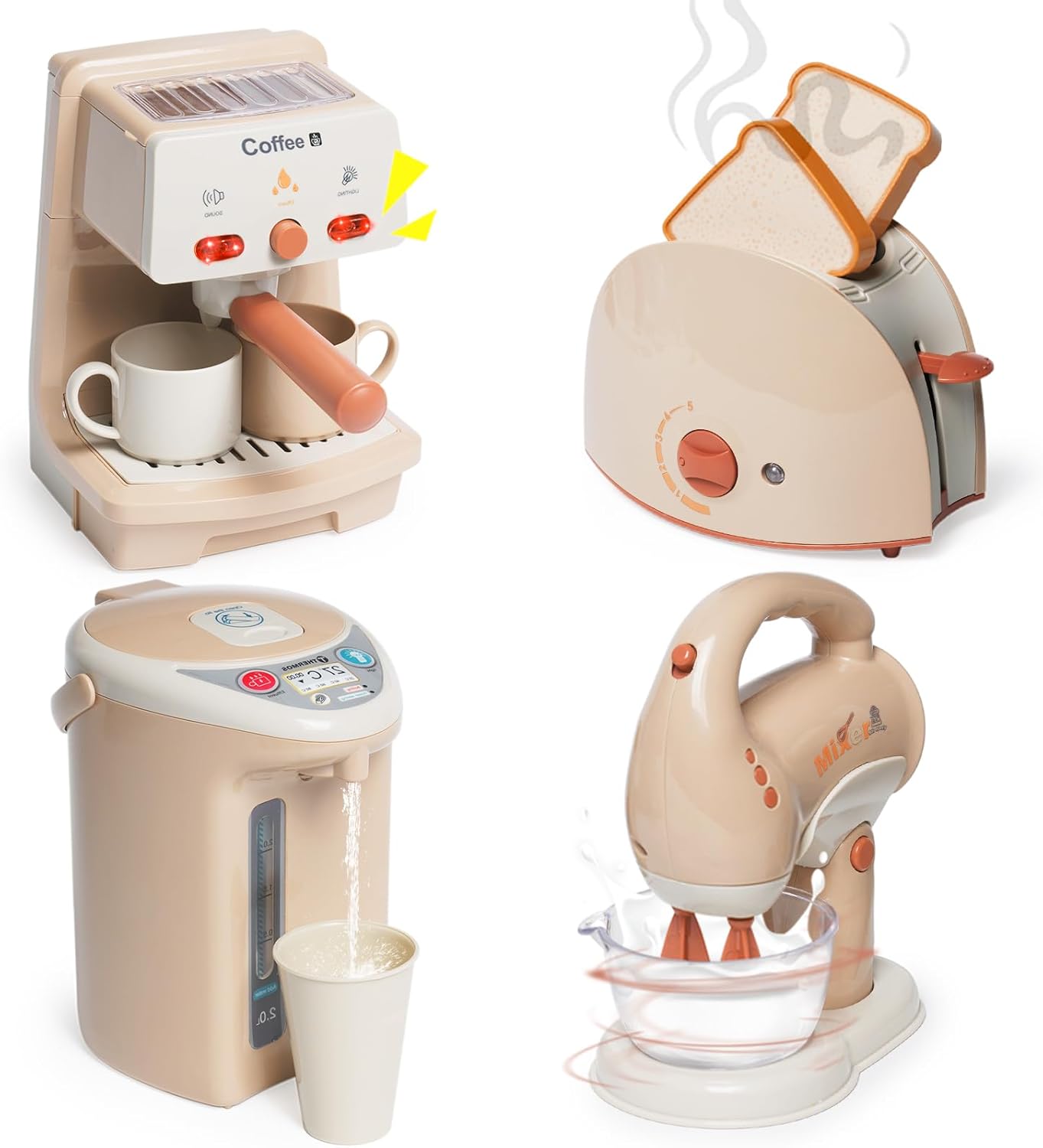 Kitchen Appliances Toy for Kids Kitchen Pretend Play Toy Play Kitchen Set with Coffee Maker Blender Espresso Machine Water Dispenser Toaster Mixer Realistic Sounds for Boys Girls 3+