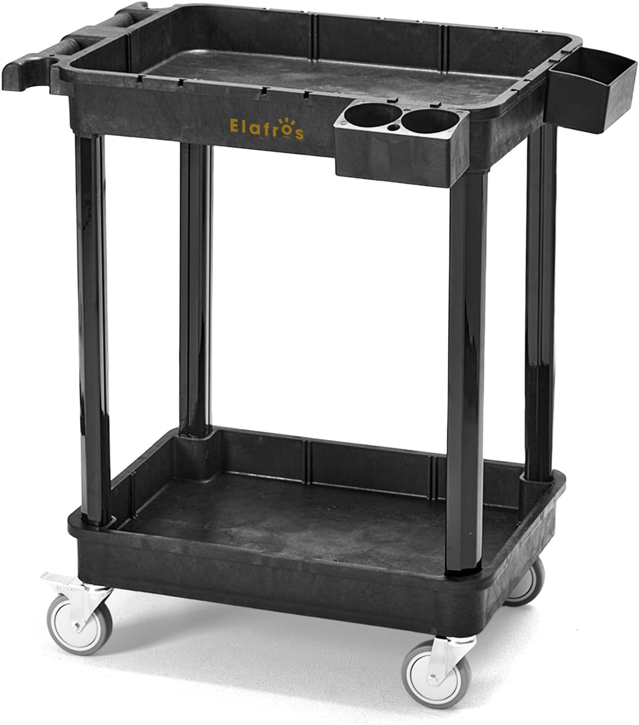 ELAFROS Heavy Duty 2-Shelf Utility Cart, 28x19 Inch, 330 lbs Capacity, Industrial Plastic, Locking Swivel Wheels - Multipurpose Service Rolling Cart for Home, Office, Industrial Use