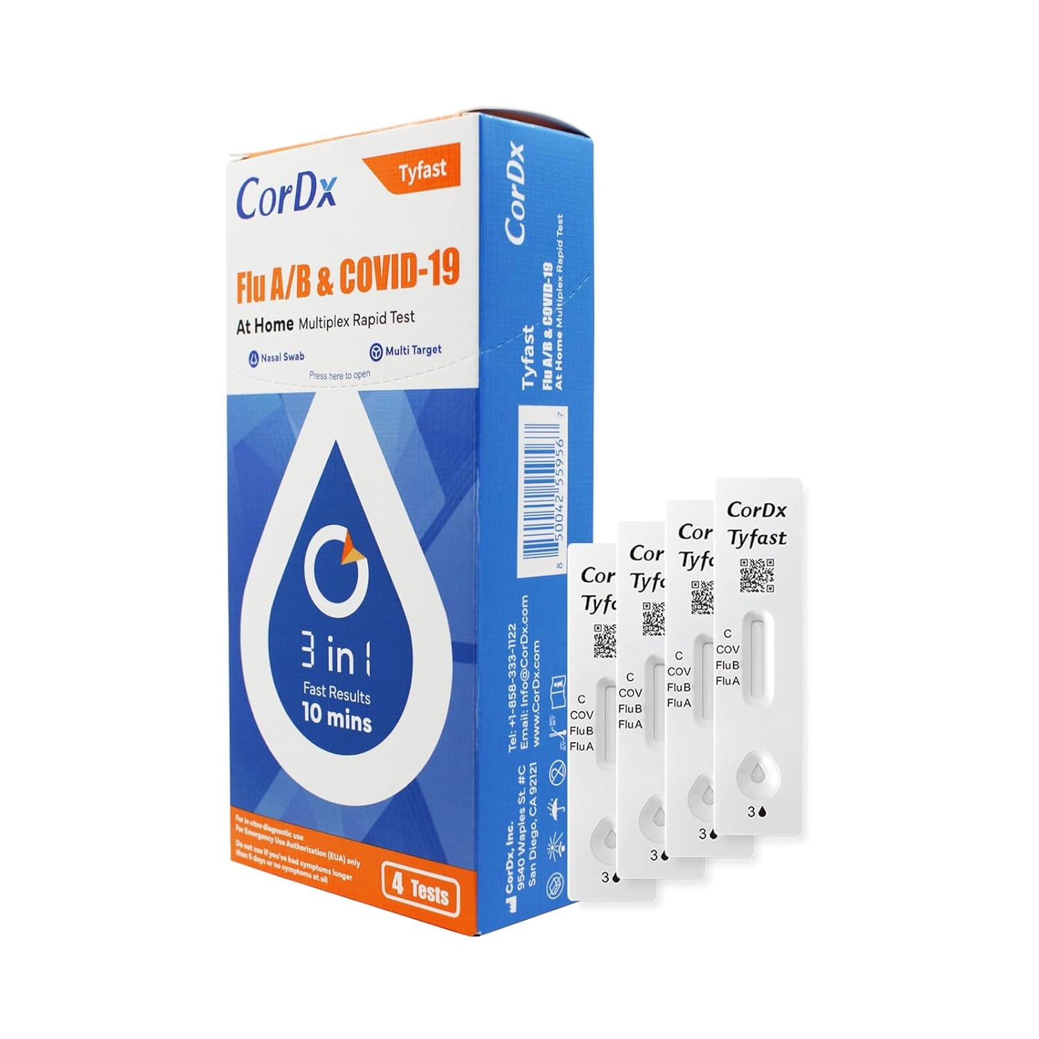 CorDx Tyfast at Home Flu A/B and COVID 19 Rapid Test Kit, Easy, Accurate, Fast Results in 10 Minutes, 4 Tests.