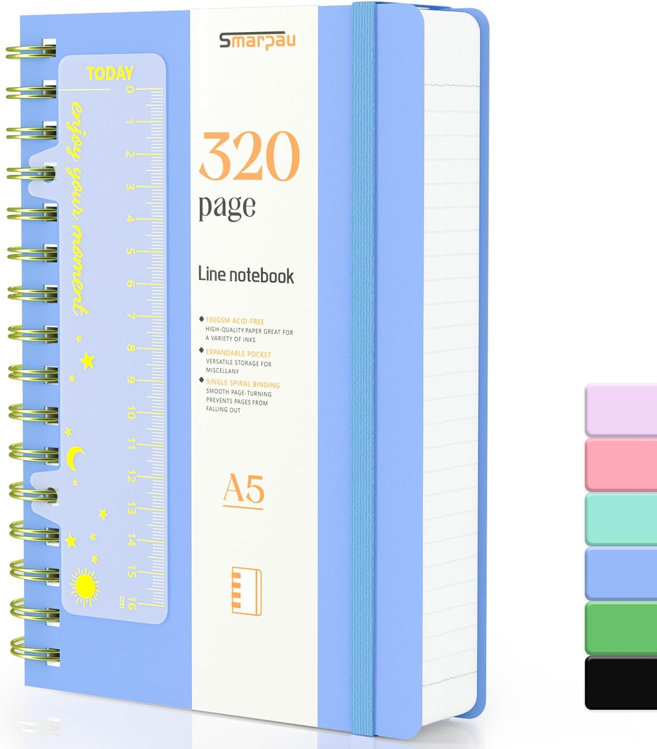 Smarpau A5 Notebook, 320 Pages Thick Hardcover Wirebound Spiral Notebook, 100gsm Thick Paper Journals for Women Men Writing, Waterproof PVC Notepad for School Office, 14.5 x 21cm - Blue