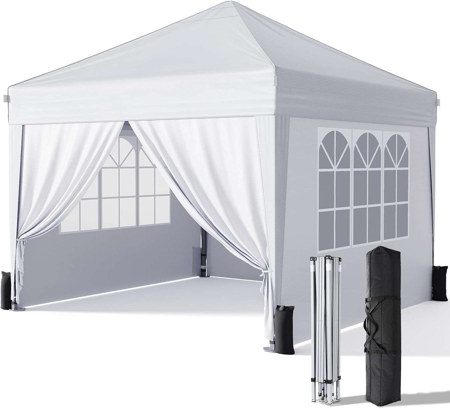 10x10 Pop Up Canopy with Sidewalls, Outdoor Instant Canopy Tent with Carry Bag for Commercial Events, Camping, Backyard Parties - White