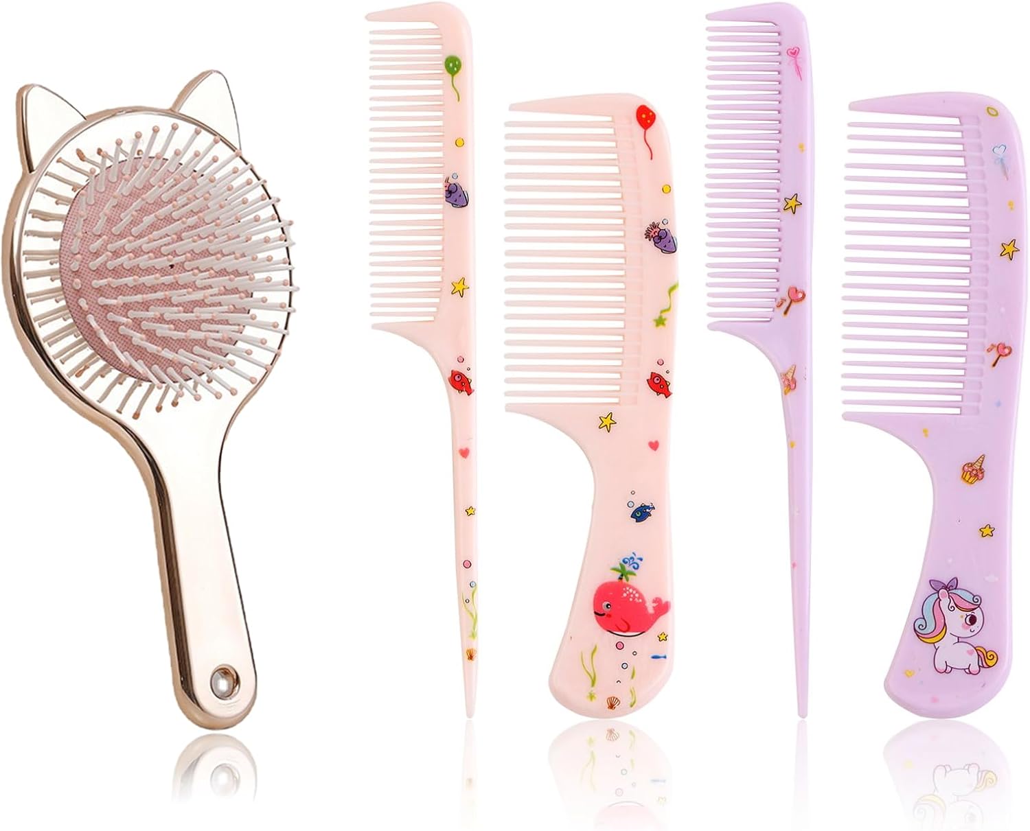 5 Pcs Girls Hair Brush Set - Detangle Toddler Brushes, 4 Pcs Styling Combs, Cute Wide Tooth Pocket Comb, Mini Massage Curl Brush for Baby Kids Straight Long Hair, Wet or Dry