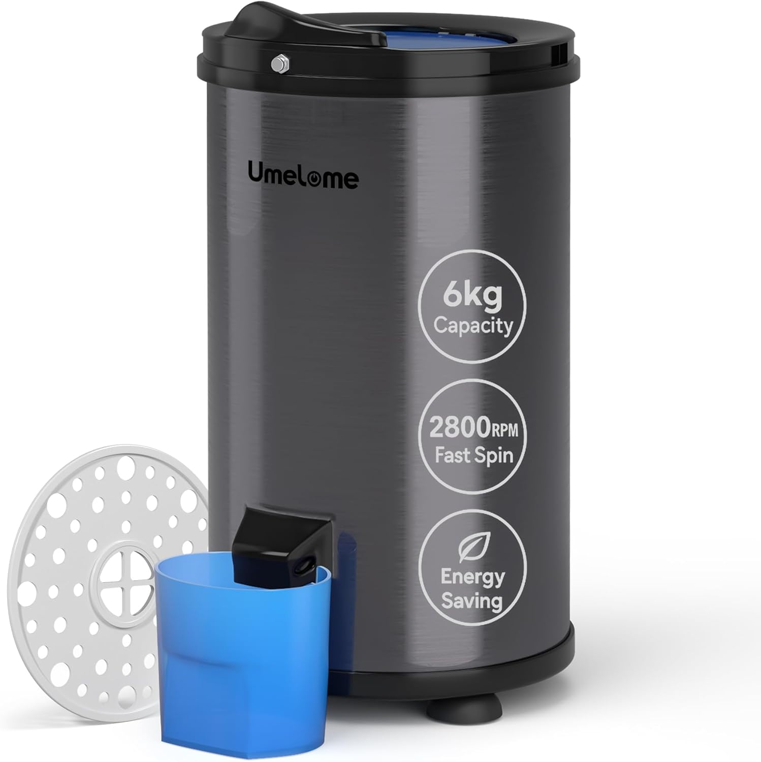 Spin Dryer 6kg by Umelome, Energy&Power Saving Spinner 2800 RPM Clothes Dryer, Energy Efficiency Class: A+++, Gravity Drain dryer, Black [Energy Class A+++] [Energy Class A+++]