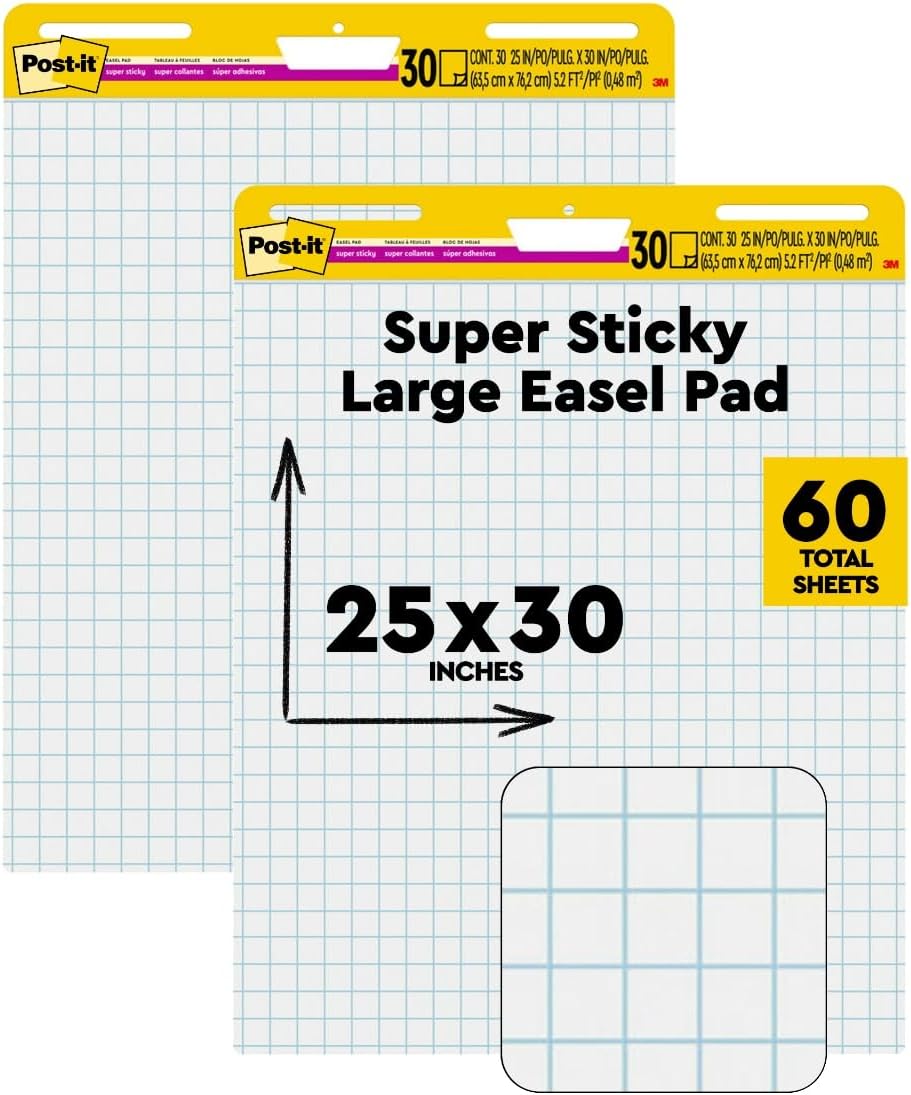 Post-it Super Sticky Easel Pad 25 x 30 Inches 30 Sheets/Pad 2 Pads (560) Large White Grid Premium Self Stick Flip Chart Paper Super Sticking Power
