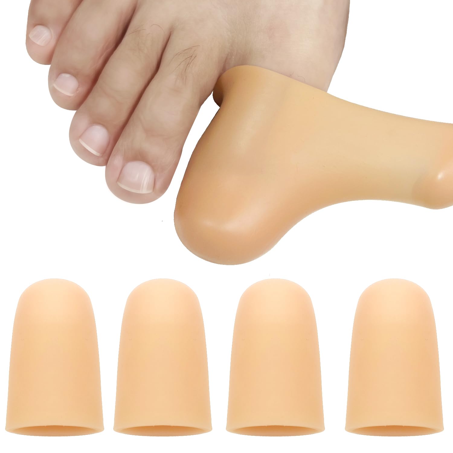 POQOD 4 Pack Gel Toe Cap and Protector for Big Toe - Cushions and Protects, Toe Covers for Women & Men, Provides Relief from Missing or Ingrown Toenails, Corns, Blisters, Hammer Toes (Large, Beige)