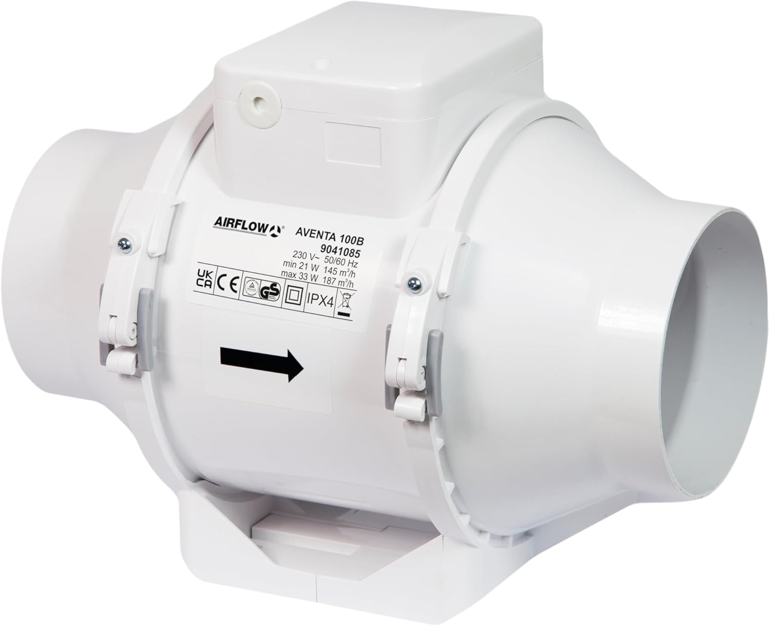 Airflow Aventa 100B In-Line Mixed Flow Extractor Fan – 21W Energy-Saving Ventilation, 40-52 l/s (145-187 m³/h) Flow Rate, IPX4 Rated, Compact Design (190x246x126 mm), Fits 100mm Duct, 3-Year Warranty