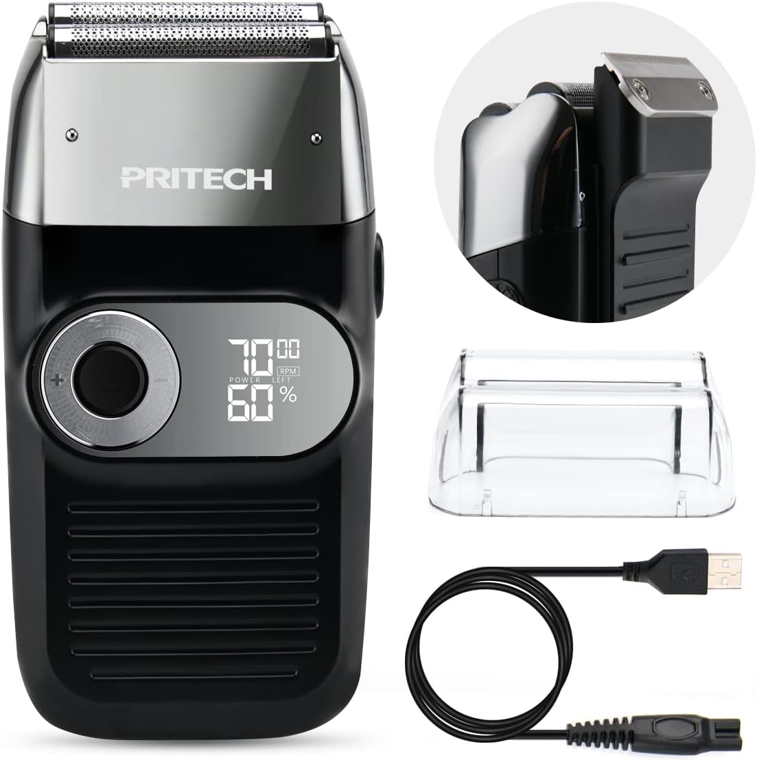 PRITECH Foil and Bald Shavers 2 in 1 Electric Shaver for Men Foil Blade and PopupTrimmer with Rechargeable 3 Adjustable Speeds Men's Beard Shaver (Black Silver)