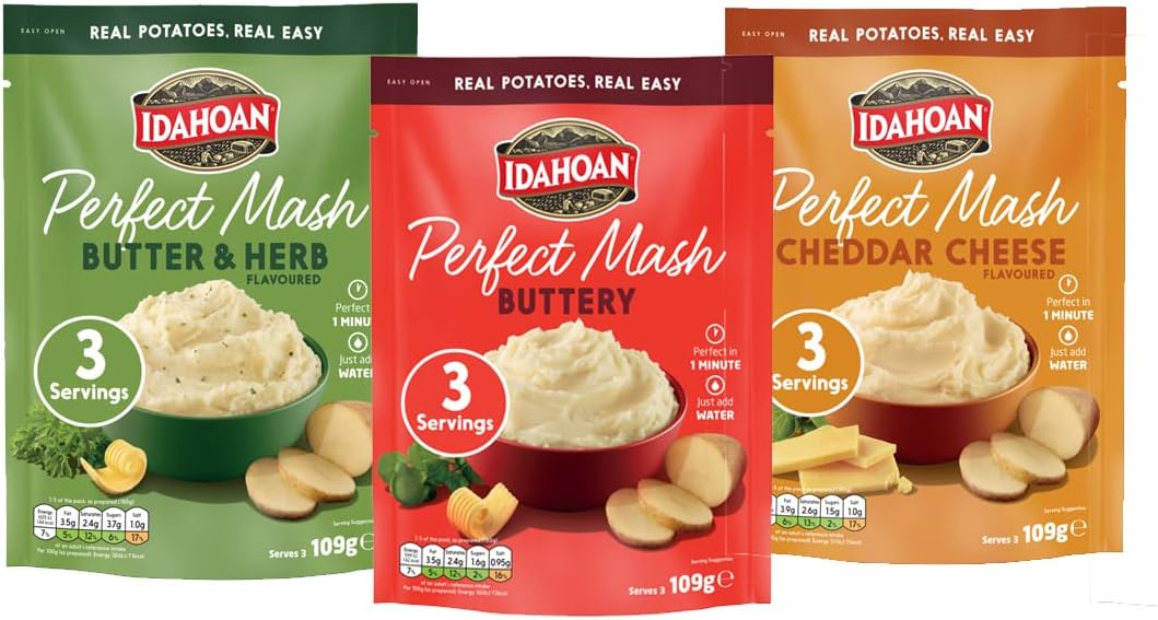 Idahoan Perfect Mash Potato Variety Pack of 3 x 109g - Instant Mashed Potato Butter & Herb, Buttery, Cheddar Cheese Mashed Potaoes Cooks in 1 Minute