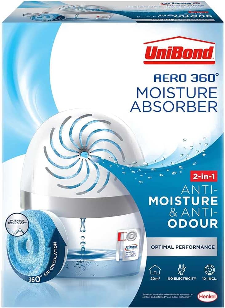 UniBond AERO 360º Moisture Absorber, Ultra-Absorbent Dehumidifier, Helps to Prevent Condensation, Mould & Musty Smells, Refillable Condensation Absorber, 1 Device incl. 1 Refill Tab 450 g