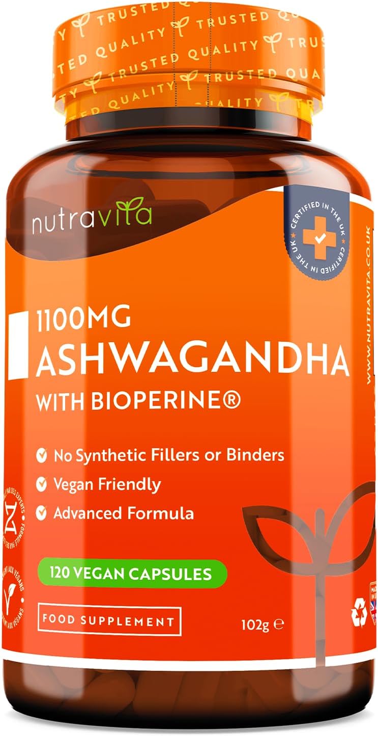 Ashwagandha 1100mg - 120 Vegan Capsules with Added Bioperine® - High Strength Natural Ashwagandha Root Powder - Vegan Friendly Ashwaganda Supplement - Made in The UK by Nutravita