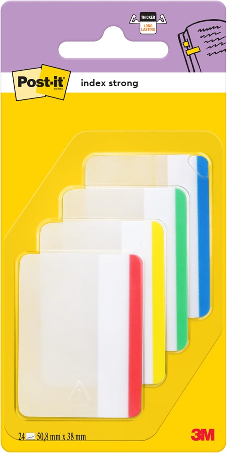 Post-it Index Strong Filing Tabs, Large, Assorted Colours - 50.8 mm x 38.1 mm Pack of 24 - To Mark, Highlight or Colour Code Important Information