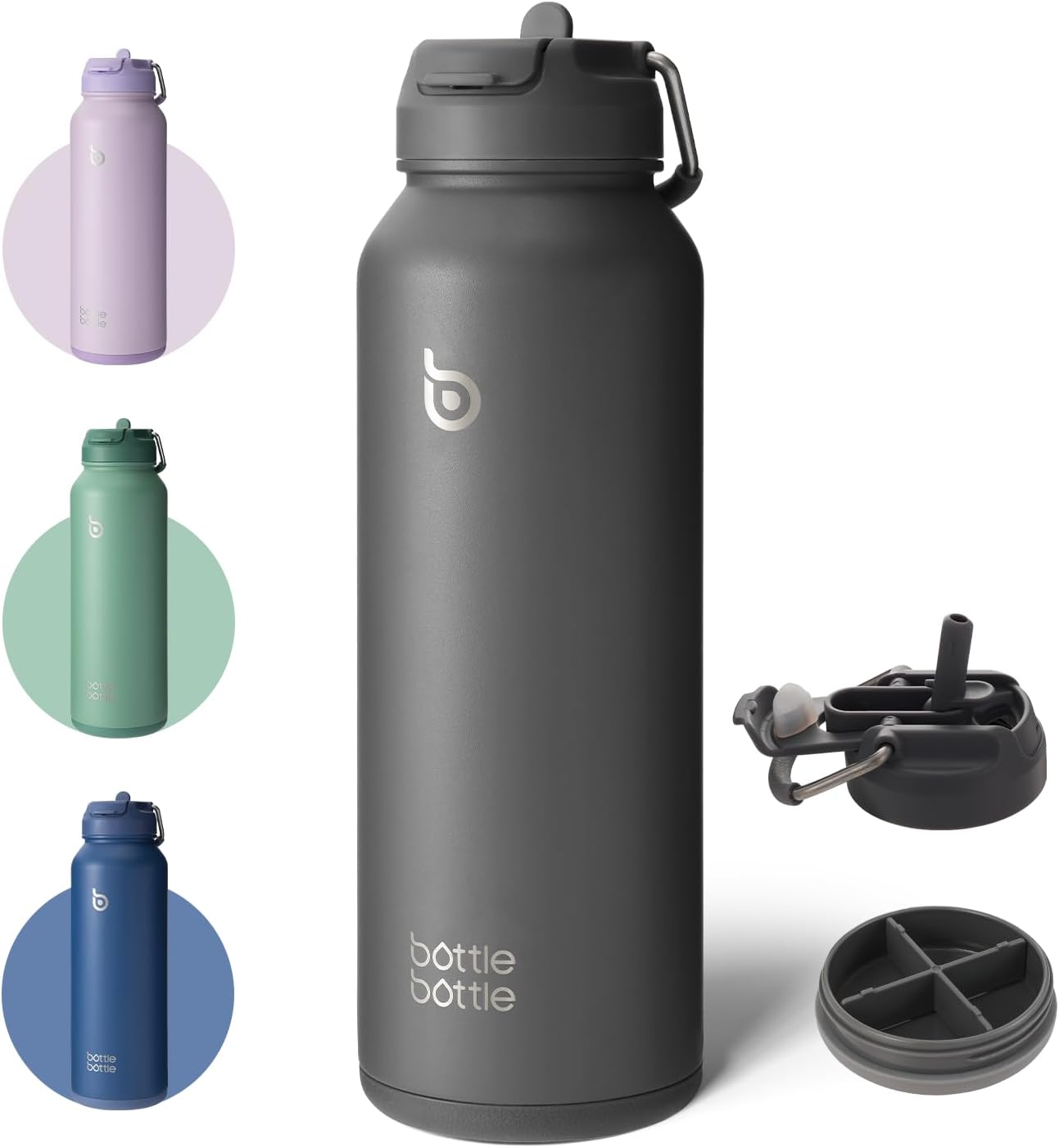 bottlebottle Insulated Water Bottle with Straw 1180ml(40oz) Sports Stainless Steel Water Bottles with Handle Lid Outdoors Drink Flask for Pills (gray)