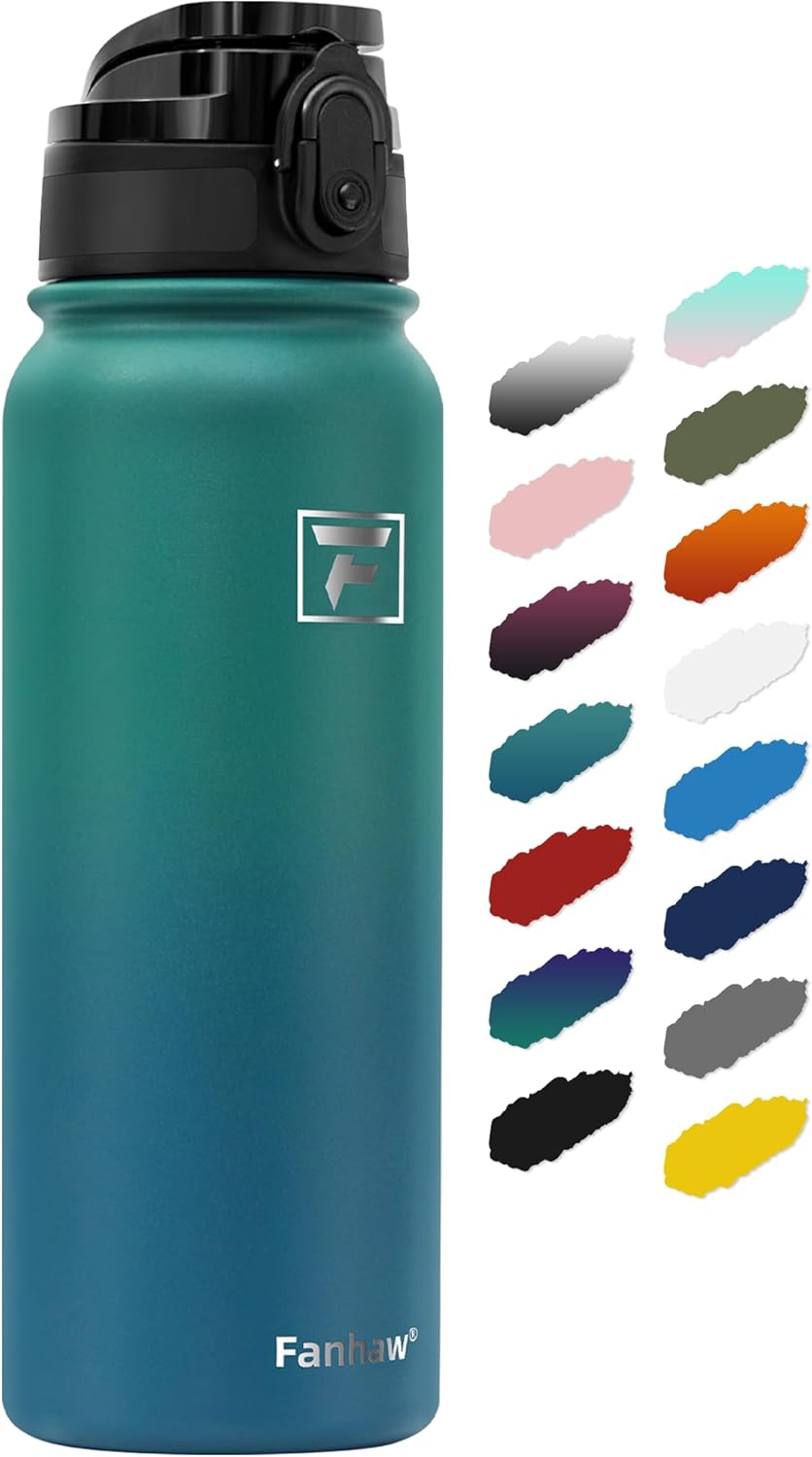 Fanhaw 20 Oz Insulated Stainless Steel Water Bottle with Chug Lid - Leak & Sweat Proof with Anti-Dust Lid (Green Blue)